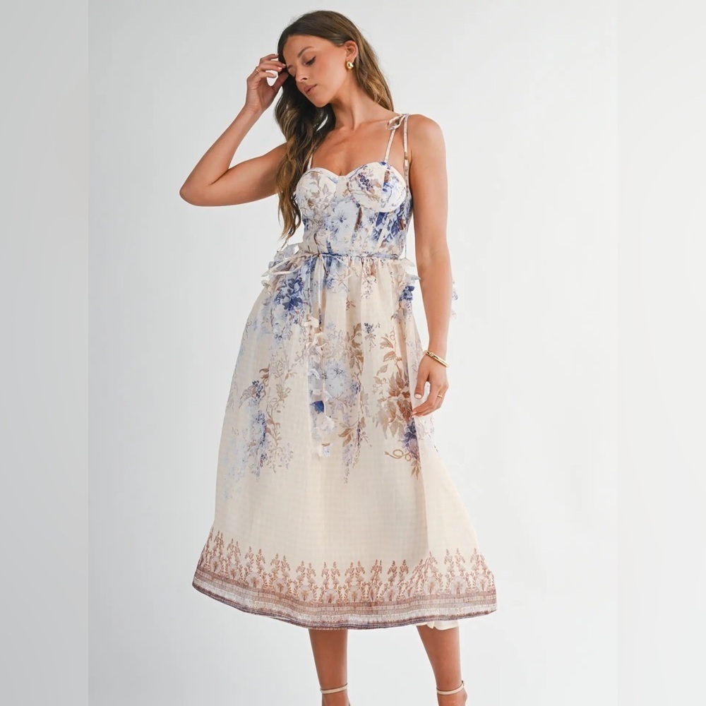 Endless Blu Floral Chiffon Tie-Strap Midi Dress